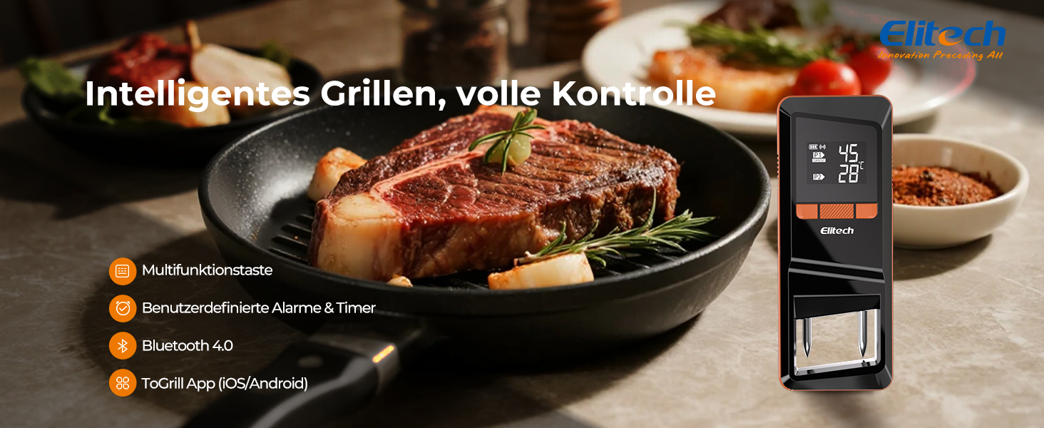 Bluetooth термометр для м'яса Elitech з двома зондами, IP67, 0-300°C, для гриля, духовки, ротисерії, фритюрниці, кухні