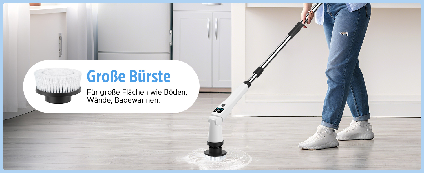 Електрична щітка для прибирання з 8 насадок, 3 швидкості, IP65 водостійка, регульована ручка, акумуляторна щітка для ванної, кухні, плитки, душу та кутів (біла)