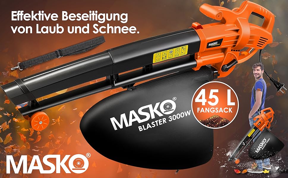 MASKO® Електричний садовий пилосос 3-в-1, 3000 Вт, з плечовим ременем, колесами і мішком 45 л, повітродувка та пилосос для листя, помаранчевий