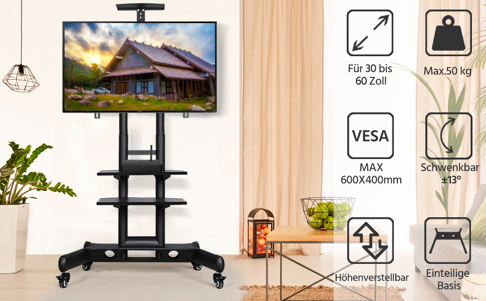 Яхеетех TV стійка мобільна для телевізора 30-60 дюймів, з поличками, регульована висота, VESA 600x400, до 50 кг