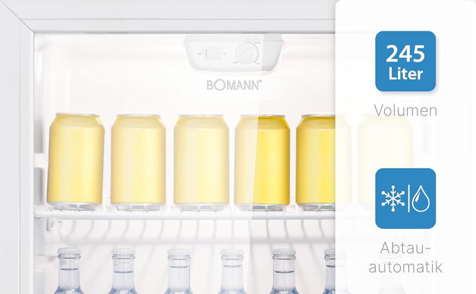 Холодильник для напоїв Bomann® KSG 7289 з скляними дверцятами, 245 л, 5 полиць, автоматична розморожування, регулювання температури, білий (Модель 2024)