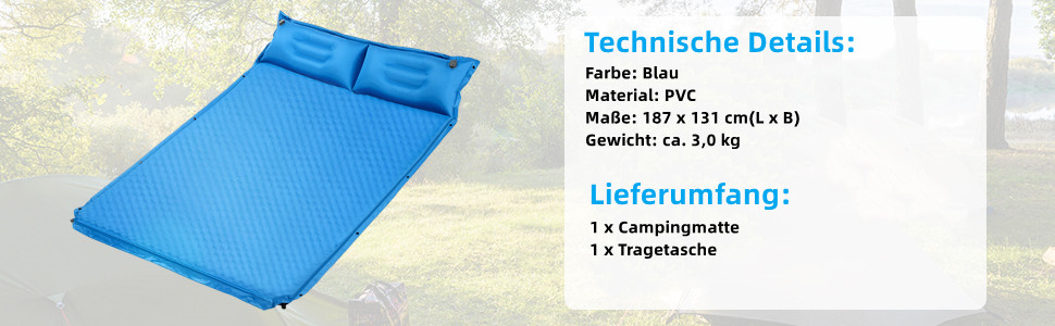 Каремат туристичний самонадувний GYMAX для кемпінгу, на 2 особи з подушками та сумкою, 187 x 131 см, блакитний