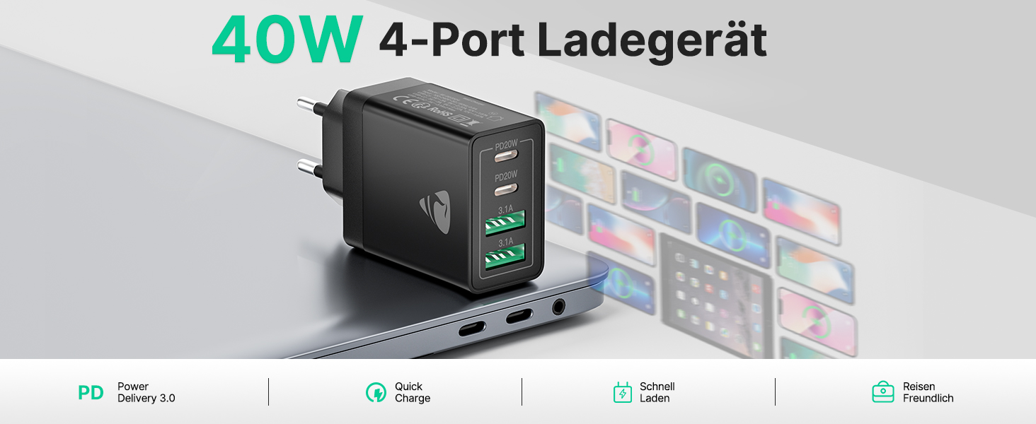 Зарядний пристрій Aioneus USB-C 40W, 4 порти PD 3.0 + QC USB-A, швидка зарядка для iPhone 15 Pro Max, Samsung та інших смартфонів - Чорний