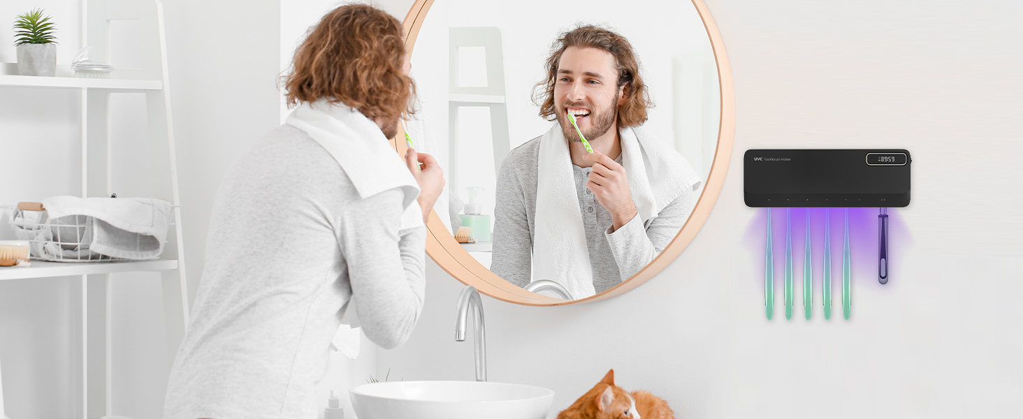 Тримач для зубних щіток настінний з УФ-дезінфекцією, електричний, для 7 щіток, USB, 2000mAh, 3 режими, для дому, ванної кімнати, душу (Чорний)