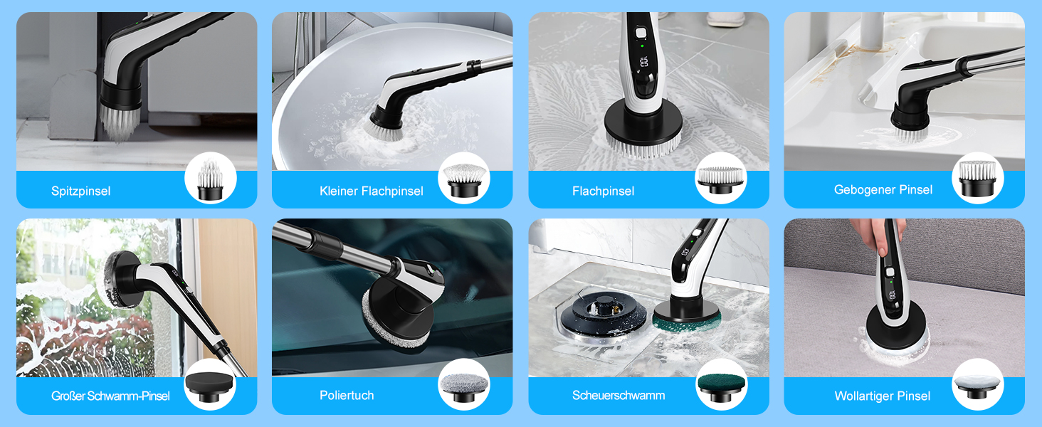 Електрична щітка для чищення з 9 насадок, щітка для швів, водонепроникна IPX8, електричний спін-скреббер з регульованою ручкою, 2 швидкості, для ванної кімнати, кухні, авто, біла+чорна