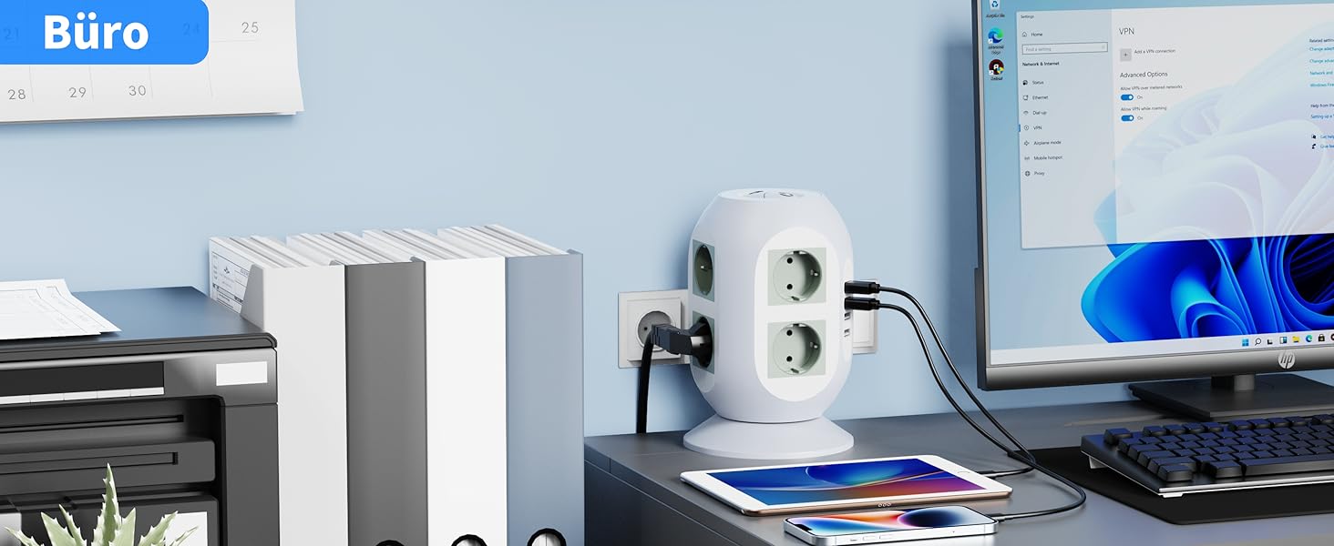 Розподільник розеток COLSTAR з 4 USB, 8 розеток, захист від перенапруги, 2м кабель, для дому та офісу (білий)