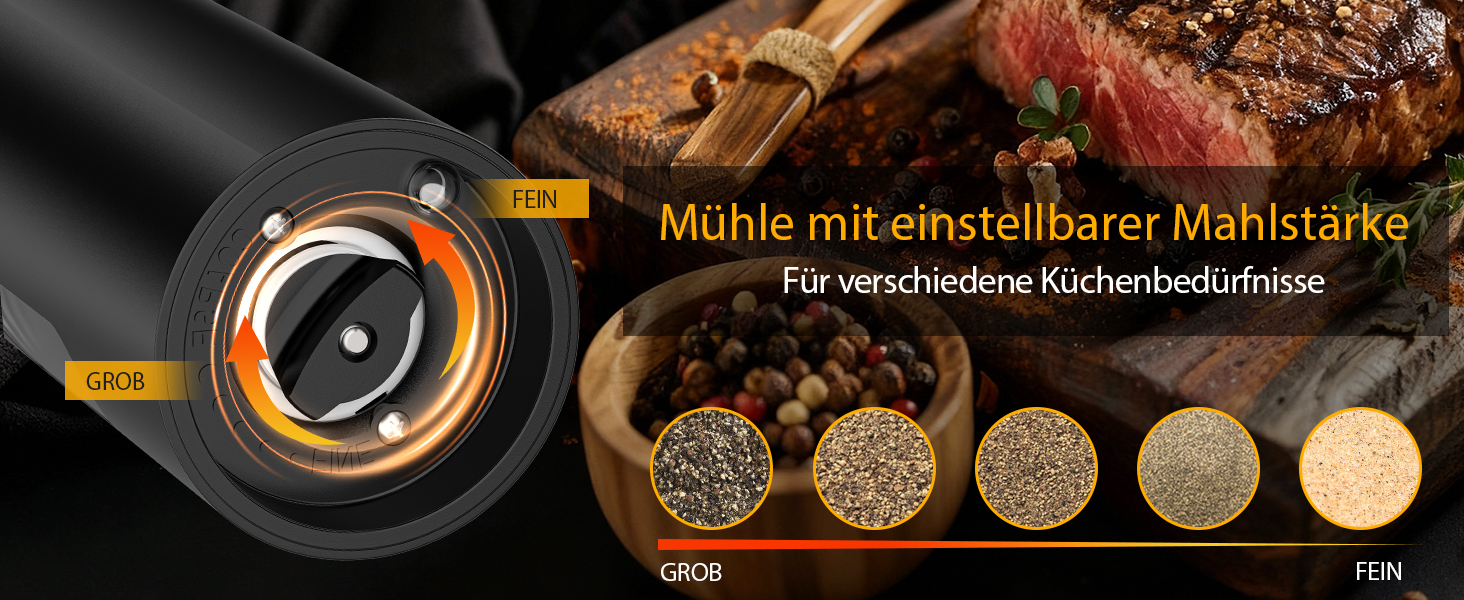 Електричні соляні та перечні млини, верхнє завантаження, 5-рівневе регулювання помелу, об'єм 120мл, набір 2 шт. з підсвічуванням LED