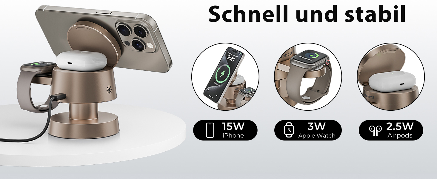 База для бездротової зарядки 4-в-1 для iPhone 17/16/15/14 Pro Max з нічним світлом, сумісна з Apple Watch та AirPods (Золота)