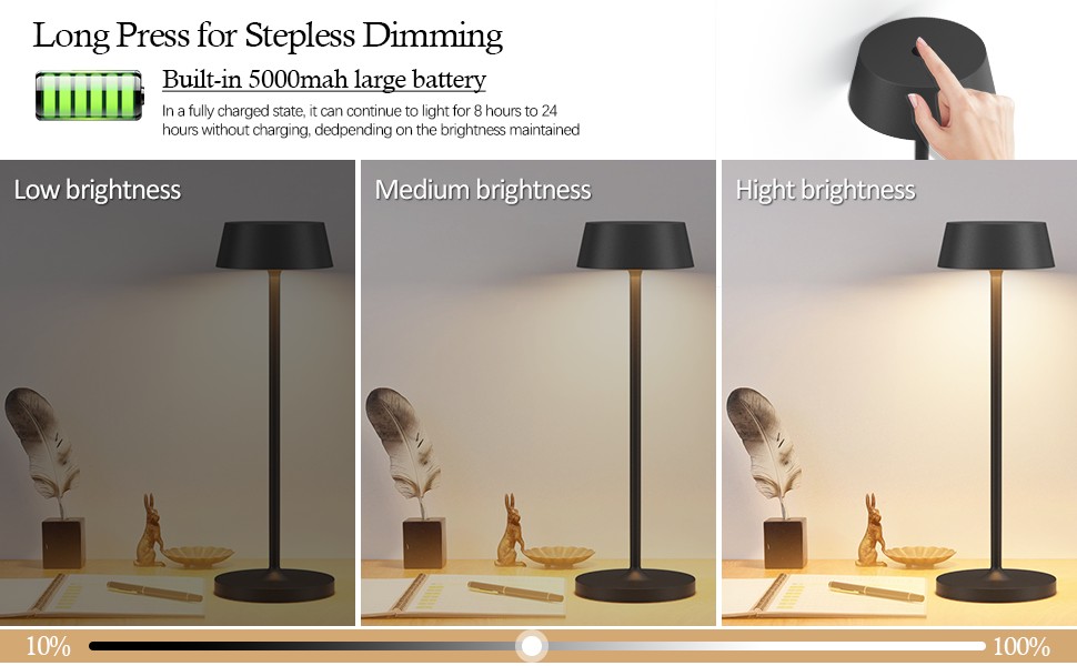 Акумуляторна LED настільна лампа Klighten з димером, сенсорна, металева (алюміній), IP54, тепле світло 3000K, антрацит