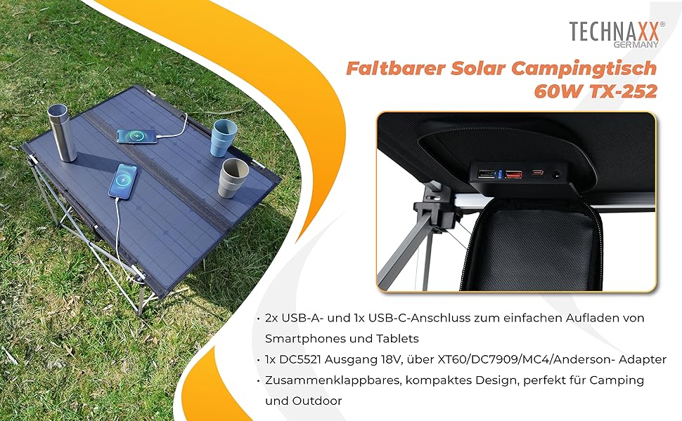 Сонячний кемпінговий стіл Technaxx TX-252 60W з USB зарядкою та сонячною панеллю