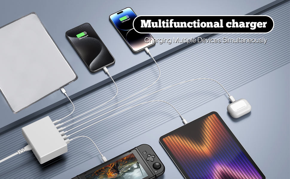 Зарядний пристрій USB-C 120W GaN, 6 портів, для iPhone/Samsung/Google/планшетів, білий