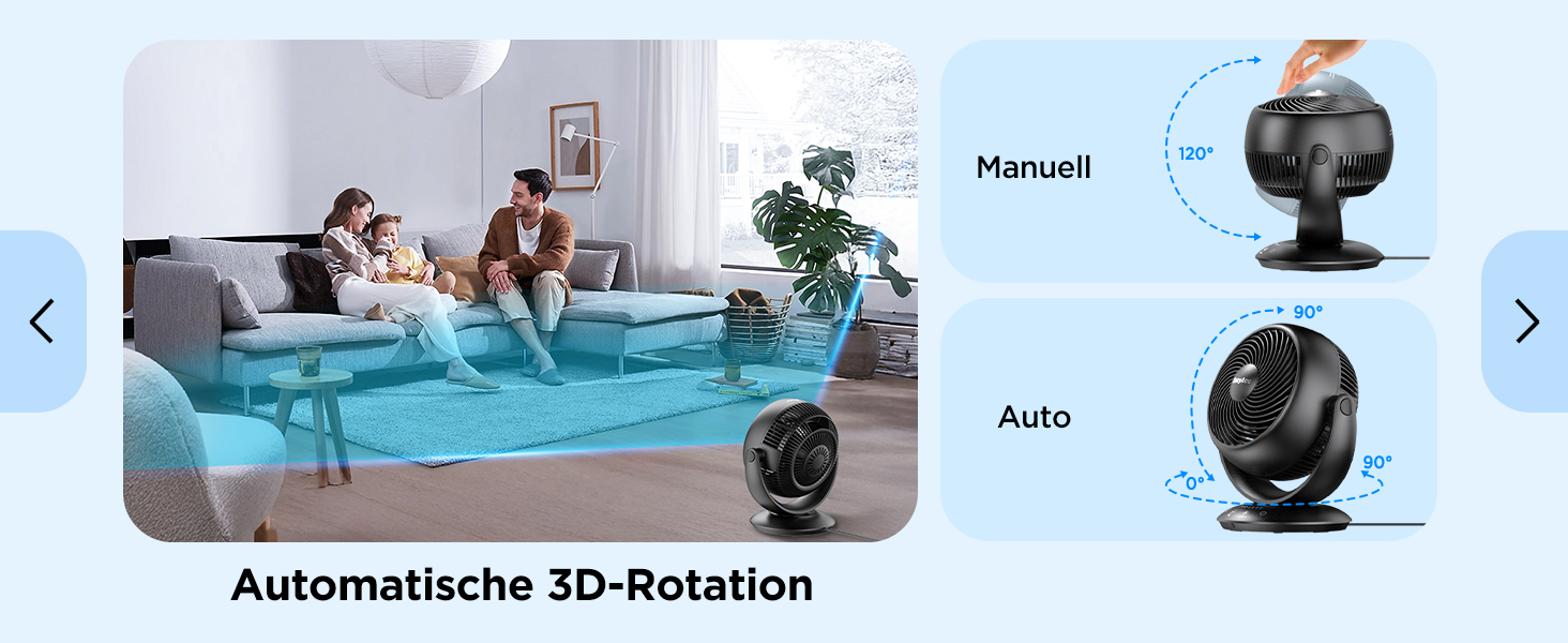 Вентилятор EasyAcc тихий, 25dB, настільний, з авто-осциляцією 90°, 3D Turbo, з пультом, 3 швидкості, таймер 2-12 годин, для спальні - чорний