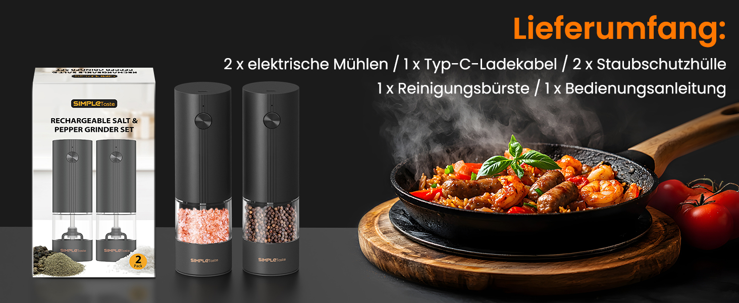 Електричні мельниці для спецій SIMPLETASTE 2 шт. з регульованим керамічним жорном, ABS, працюють від батарейок