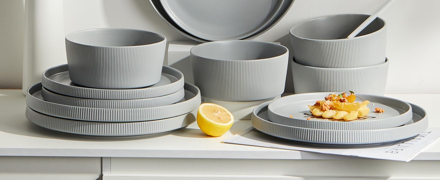 Набір посуду Jiwoo для 4 осіб (12 предметів): тарілки, десертні тарілки, супові миски. Bone China, матовий сірий колір, для мікрохвильовки та посудомийної машини