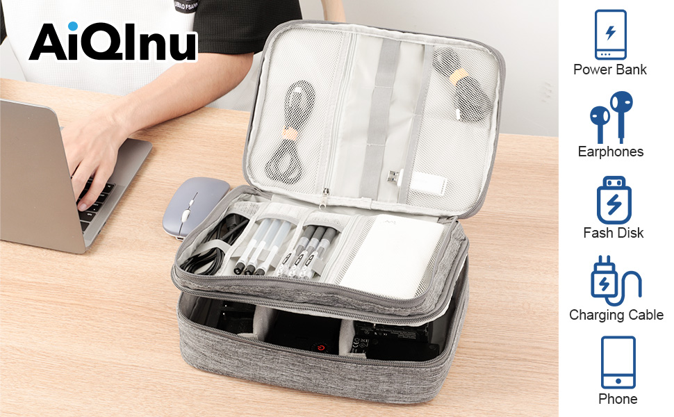 Органайзер для кабелів AiQInu: універсальна дорожня сумка-кубик, 3 шари, водонепроникний, для кабелів, power bank, USB, SD карт (сірий)