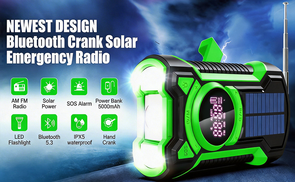 Радіо на сонячній батареї та ручному приводі Gemmac 5000mAh з Bluetooth, USB AM/FM, Power Bank, SOS-сигналом, ліхтариком – для кемпінгу та виживання (Зелений)