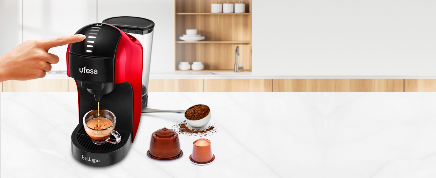 Кавоварка Ufesa Bellagio 3-в-1 для капсул Nespresso, Dolce Gusto або меленої кави, сенсорна панель, 7 режимів, резервуар 1 л, 1400 Вт, 15 бар, червона, компактна