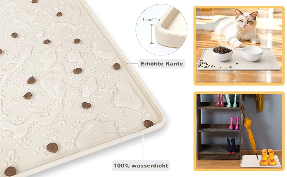 Підставка для миски для собак та котів Umtiti, 60x40 см, кремового кольору, силіконова, водовідштовхувальна, неслизька, для мисок, з бортиком, придатна для миття в посудомийній машині