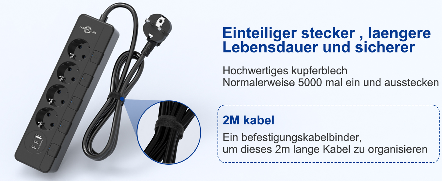 Мережевий фільтр KEPLUG з USB (4000W, 16A) - 6 розеток, 3 USB, індивідуальне вмикання, захист від дітей, 2м кабель, чорний