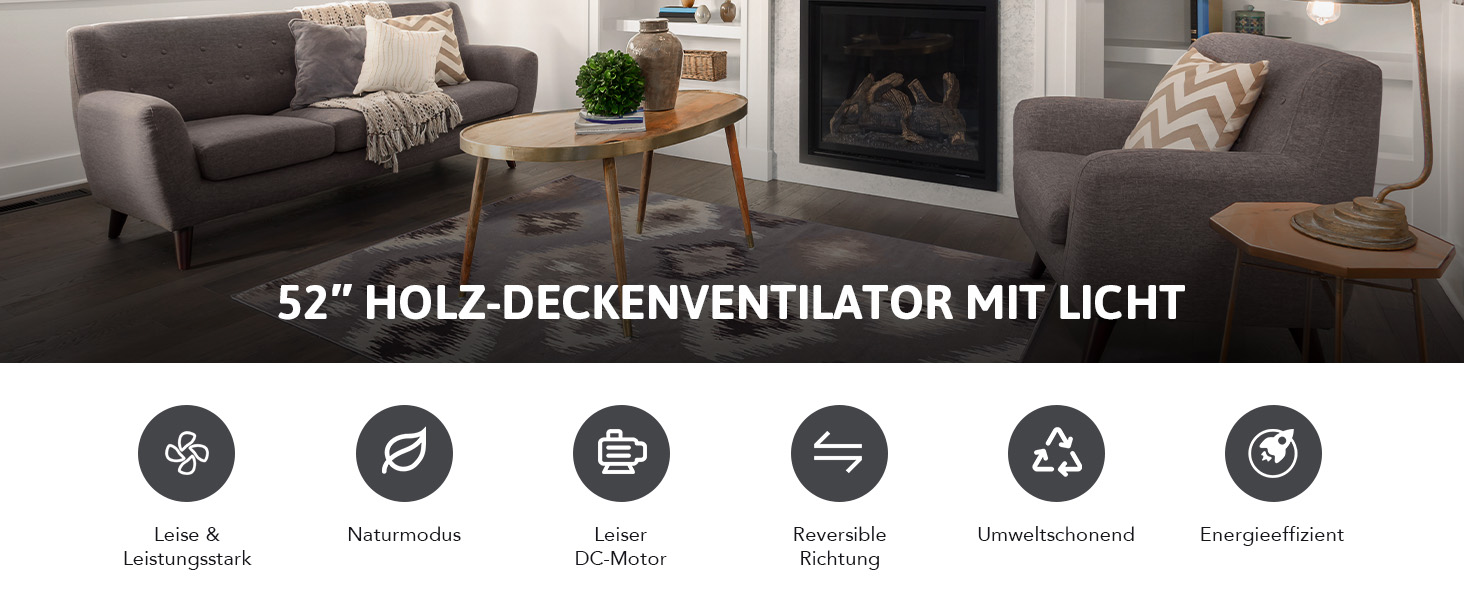 Вентилятор стельовий CO-Z з підсвічуванням 132 см LED, 5 лопатей (ABS та дерево), пульт ДК, DC-мотор, для приміщень та терас