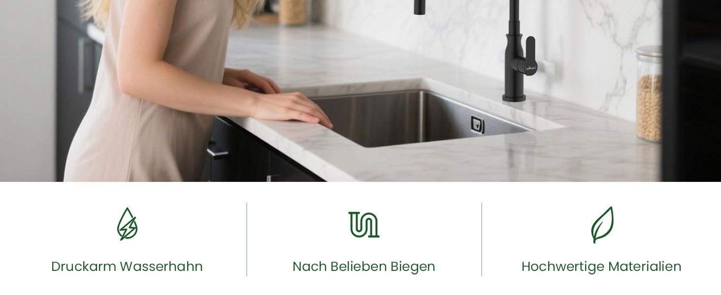 Кран кухонний APPASO 3-х ходовий чорний, 3 в 1 з фільтром, 360° поворотний, 2 ручки, нержавіюча сталь, низький тиск