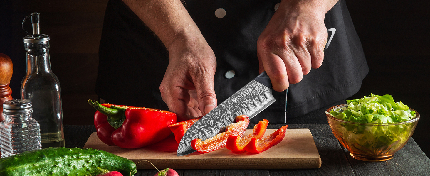 Ніж кухарський MOSFiATA Damast 8 дюймів - Японський ніж з дамаської сталі, з чохлом, захистом для пальців та подарунковою упаковкою