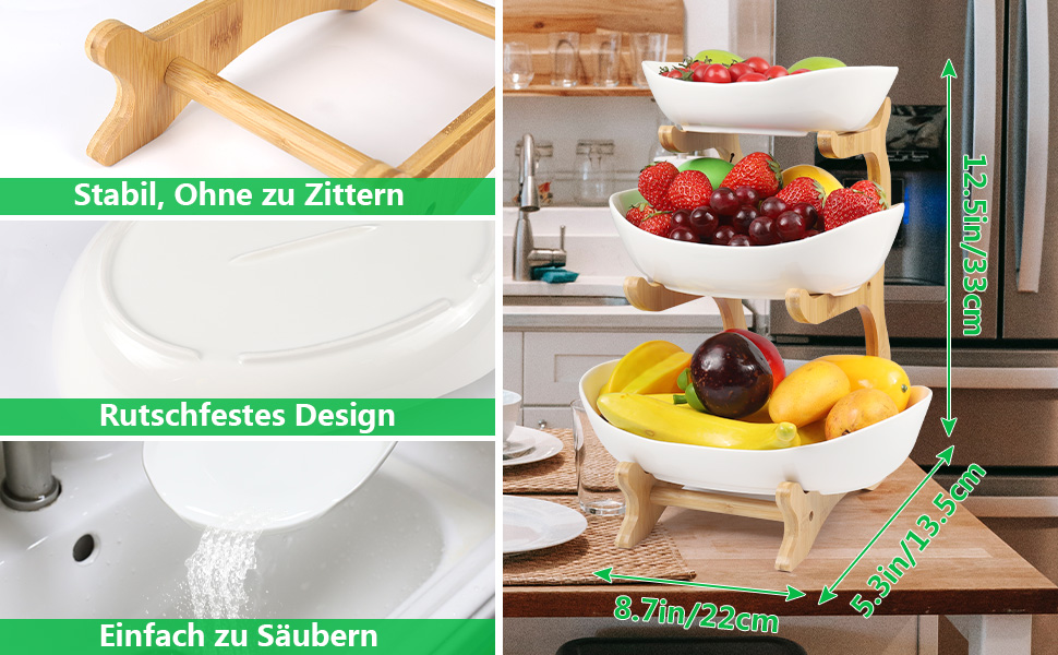 Керамічна етажерка для фруктів Dreamhigh® з 3 ярусами, економна та стійка, сучасна фруктова та овочева миска з бамбуковою підставкою