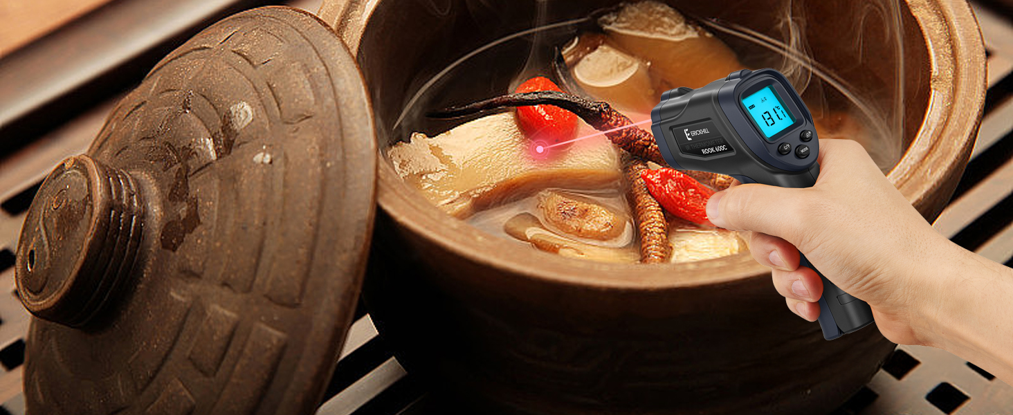 Інфрачервоний термометр ERICKHILL -50℃~600℃ безконтактний лазерний пістолет для вимірювання температури з LCD-дисплеєм, регульованою емісією - для приготування їжі/барбекю/морозильної камери/промисловості, чорний/синій, 600℃, базова версія