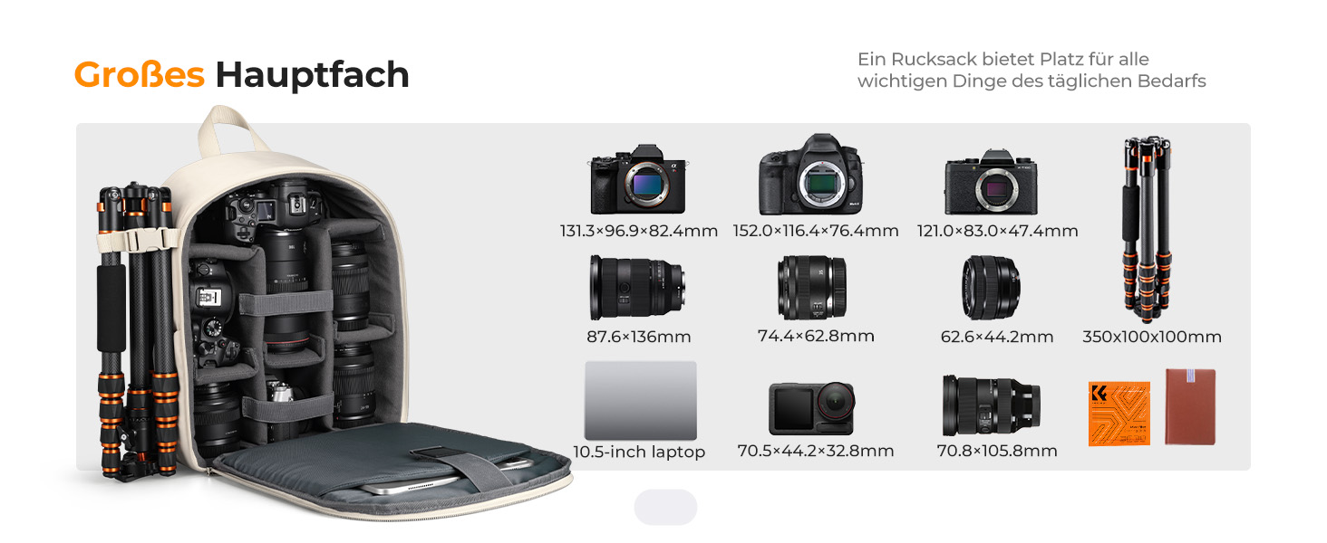 Сумка-рюкзак для фототехніки K&F Concept: компактний та легкий рюкзак для DSLR, дзеркальних камер та штатива з дощовиком, колір слонова кістка