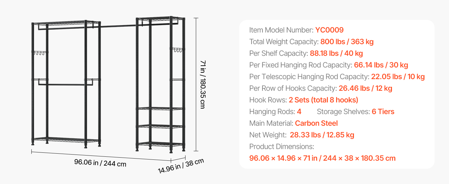 Вешалка для одягу VEVOR з 4 перекладинами, 8 гачками та 6 полицями, 385,5 кг вантажопідйомність, відкрита шафа для одягу