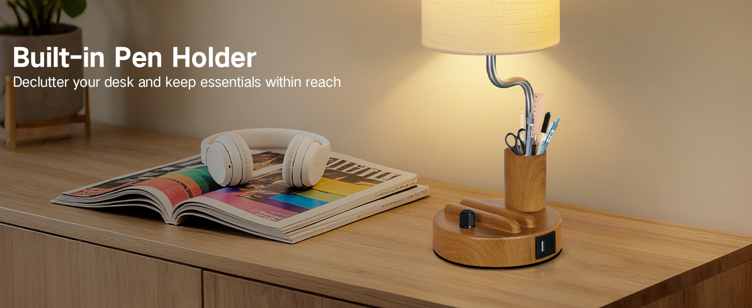 Настільна лампа LED OUTON 2 шт. з USB-A та USB-C, торшери для спальні, вітальні, офісу, з тримачем для телефону та ручок, кераміка, тепле світло 2700K