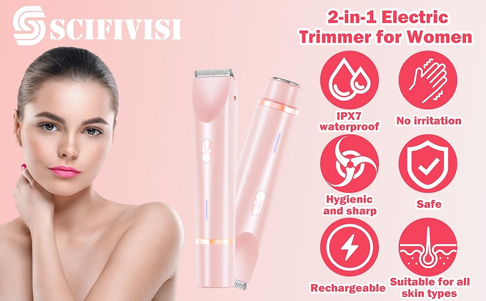 Електричний жіночий бритва 2-в-1 для тіла та зони бікіні, IPX7, USB-зарядка (Рожевий)