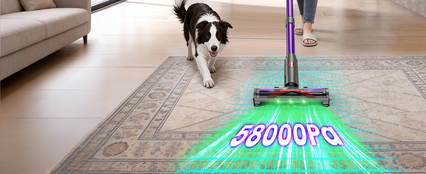 Акумуляторний вертикальний пилосос 600W 58000Pa, бездротовий пилосос для килимів, твердих підлог та шерсті тварин, з LED-дисплеєм, адаптером 90° та зарядною станцією, пурпуровий