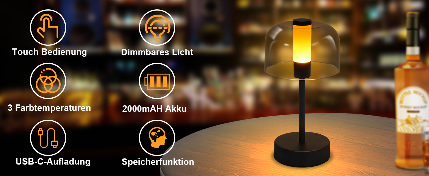 LED настільна лампа Homefire з акумулятором, диммуванням та USB-C зарядкою. Чорна металева лампа з акрилом, сенсорне керування, 1800K-6500K, з функцією пам'яті для дому