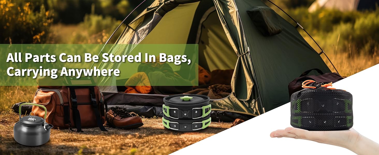 Oushome 16-Piece Camping Cookware Set for 2 People - Portable Cooking Set with Pots, Pans, Kettle, Cups, Plates - Green