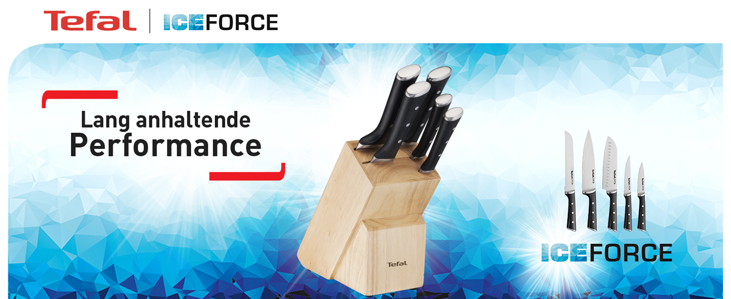 Набір ножів Tefal Ice Force 5 предметів (дерев'яний блок): ніж для хліба 20 см, шеф-ніж, ніж Сантоку 18 см, ніж для овочів 11 см, ніж для нарізки 9 см, нержавіюча сталь, коричнево-чорний, K232S5
