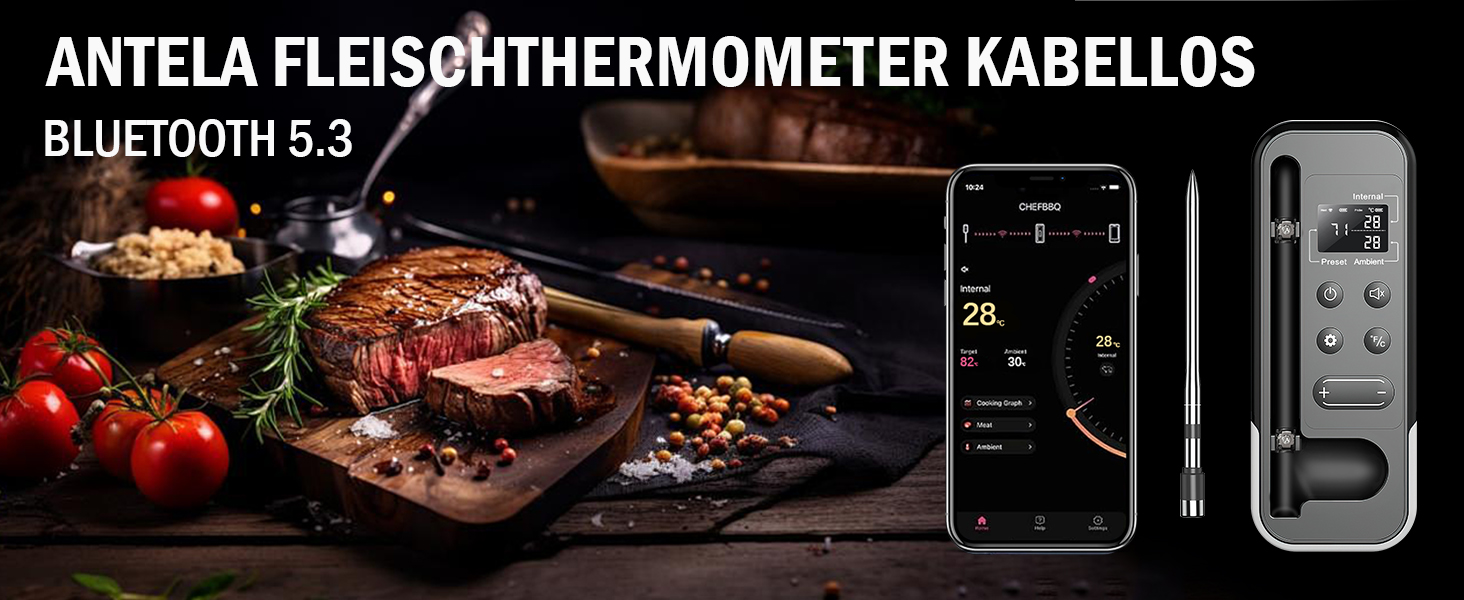 Бездротовий термометр для м'яса ANTELA з Bluetooth 5.3, LCD дисплеєм, сигналом та APP, для приготування на грилі, BBQ, в духовці та коптильні