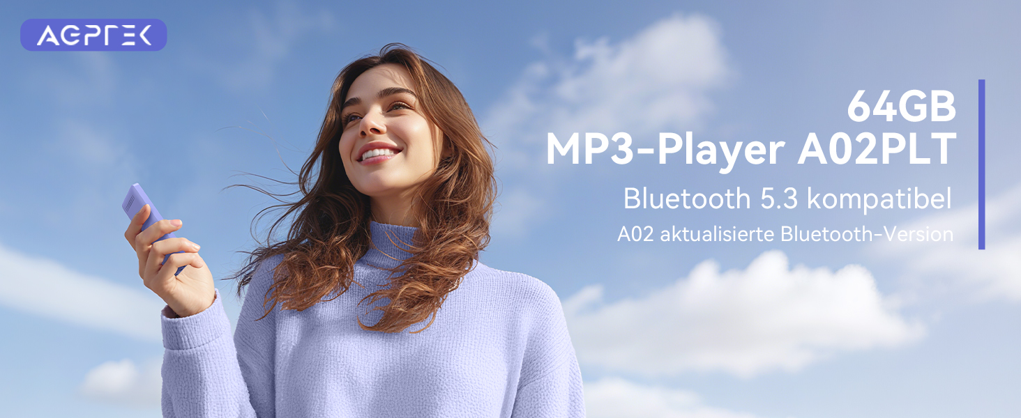 MP3 плеєр AGPTEK 64GB Bluetooth 5.3 з динаміком, радіо FM, екран 1.8