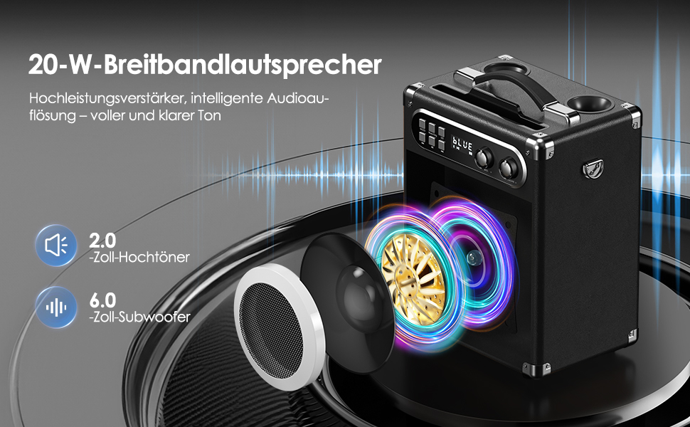 Портативна караоке-система: 20W PA-система з 2 бездротовими мікрофонами UHF та акумуляторами, для дому