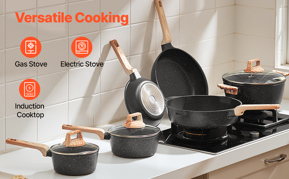 Набір каструль та сковорідок VEVOR з індукційним покриттям (17 предметів) з кришками з термостійкого скла, антипригарне покриття, для кухні, кемпінгу, приготування соусів та тушкування (чорний)