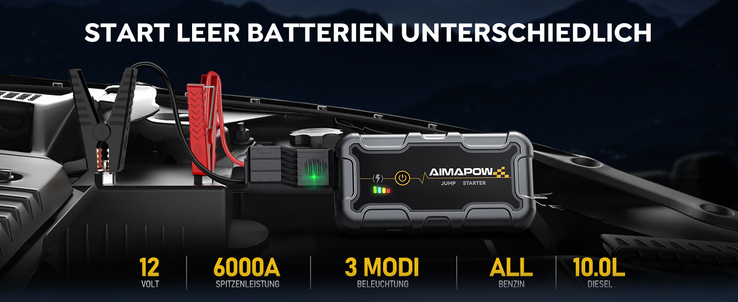 Powerbank для запуску двигуна AIMAPOW Starthilfe 6000A 12V - для бензинових авто, дизельних (10.0L) з LED-ліхтариком та великим екраном, бустер для акумулятора SUV, мотоцикла, газонокосарки
