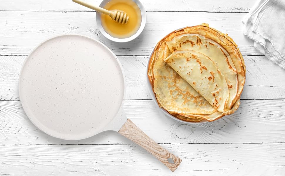 Млинцева пательня Hiceeden 26 см, антипригарна, для млинців і доcи, індукційна, без PFOA, біла, зі шпателем