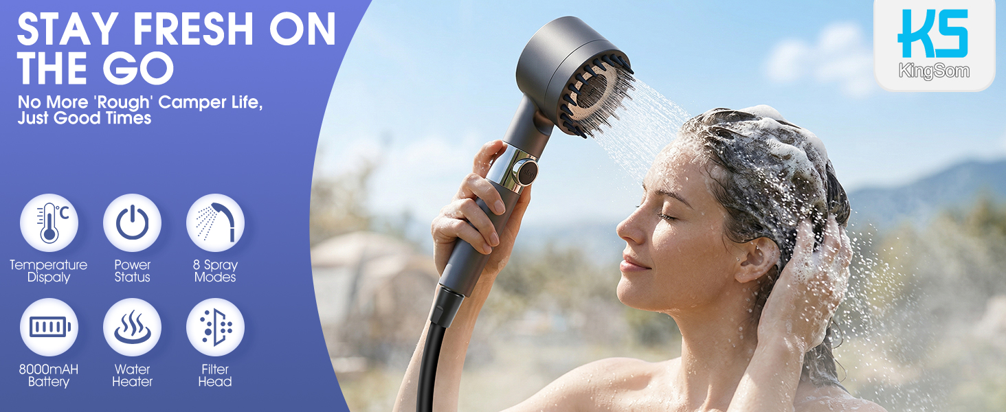 Campingdusche KingSom з насосом та підігрівом, 8000mAh, портативна душова установка для кемпінгу, саду, подорожей, автомийки з LED дисплеєм
