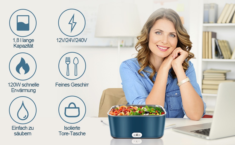 Електрична ланчбокс 120W 3-в-1 12V/24V/220V – обідова коробка з підігрівом для авто, офісу, 1,8L з нержавіючою сталлю та сумкою
