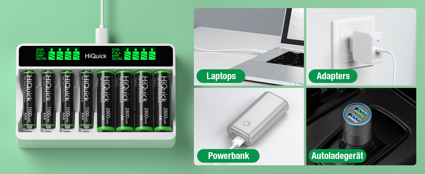 Зарядний пристрій HiQuick для акумуляторів AA та AAA (8 місць) з LCD-дисплеєм + 4 x AA + 4 x AAA акумулятори