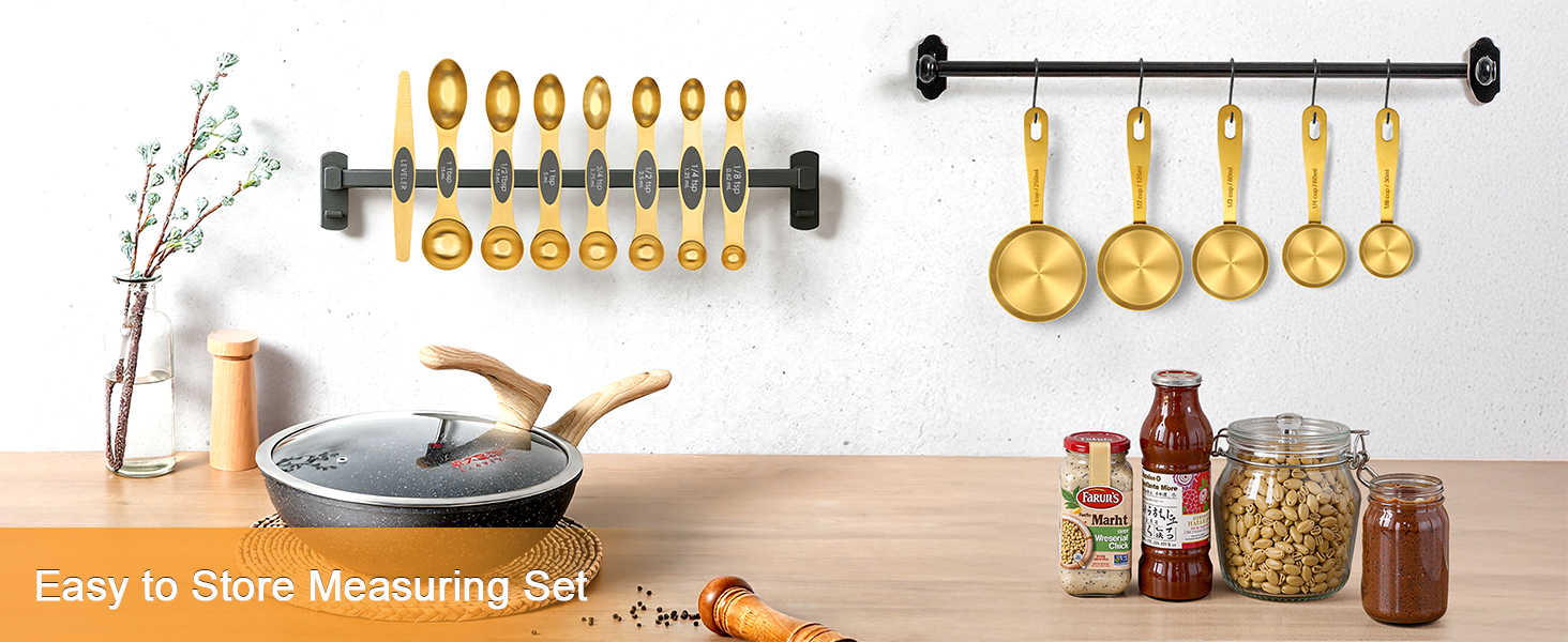 Набір мірних стаканів та ложок Cuteefun Gold, 13 предметів: 5 стаканів, 8 магнітних ложок, нержавіюча сталь для вимірювання сухих та рідких інгредієнтів для випічки та приготування їжі