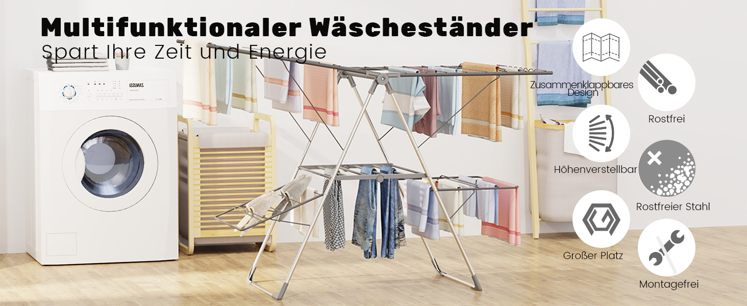 Сушарка для білизни Innotic - розкладна, портативна, з 4 крилами, регульована по висоті (сірий)