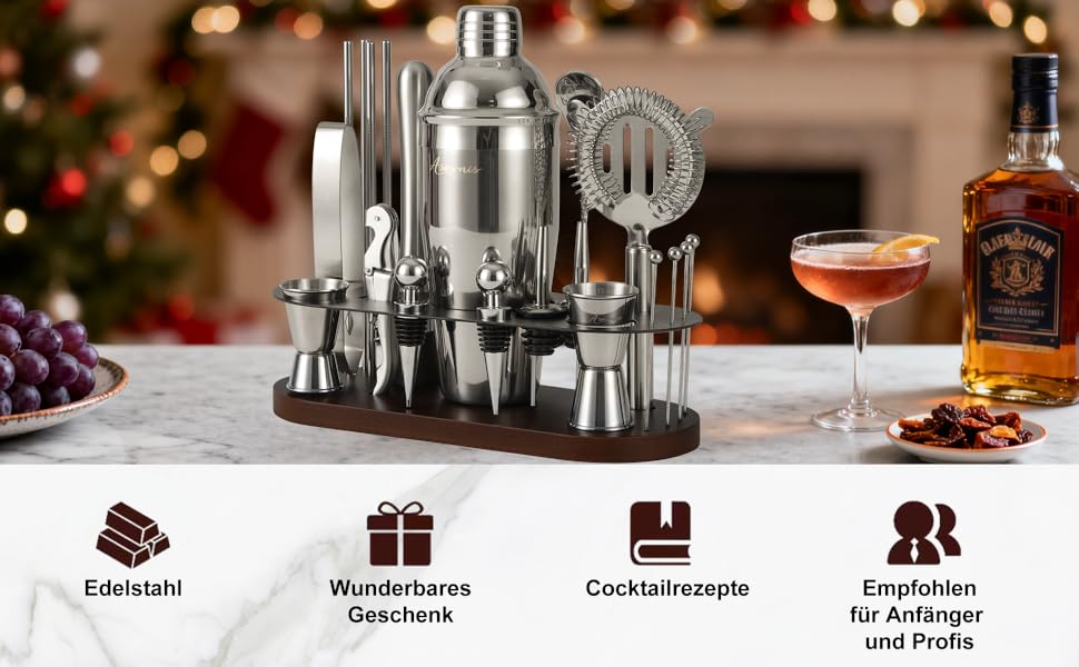 Набір бармена 23 предмети: шейкер, сито, ложка, мадлер, для дому, бару, вечірки | Набір для приготування коктейлів