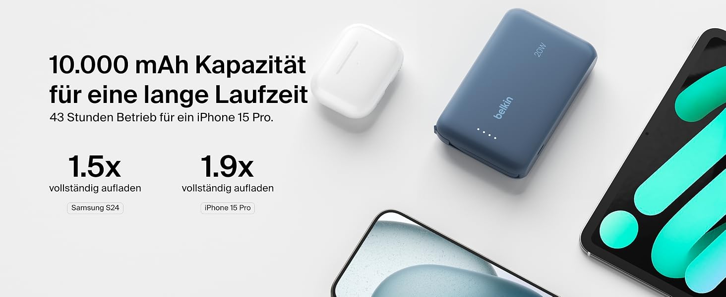 Повербанк Belkin BoostCharge 10000mAh з вбудованим кабелем USB-C, 20W, LED-індикатором, синій