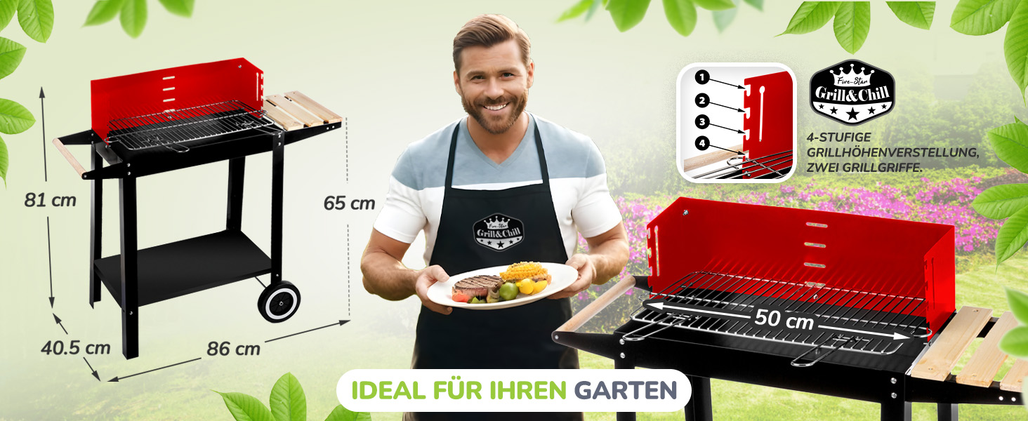 Вугільний гриль Five-Star Grill&Chill, садовий, хромована решітка 50×26,5 см, 2 колеса, модель GC0010